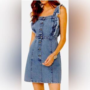 Revel Denim Jumper Frayed Ruffle Straps Button Down Front 100 Cotton Med Blue